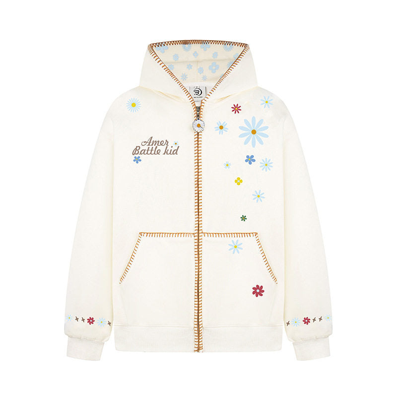 Floral Embroidery Hooded Sweatshirt Unisex Loose Casual Outerwear